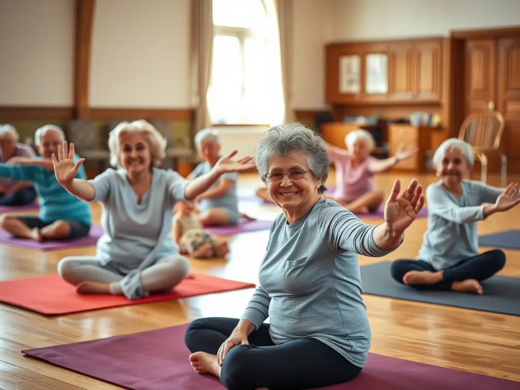 A heartwarming image of seniors and youth participating in a gentle exercise session, highlighting inclusivity and community support.