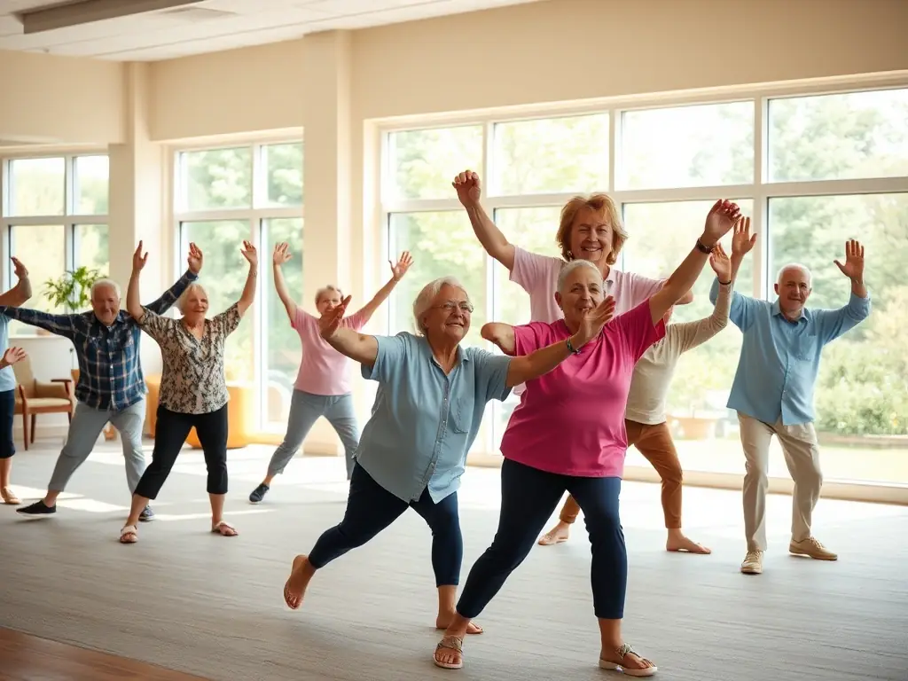 A group of seniors participating in a gentle exercise class at FITNESS FORME, highlighting the organization's commitment to providing age-appropriate fitness programs for all generations.