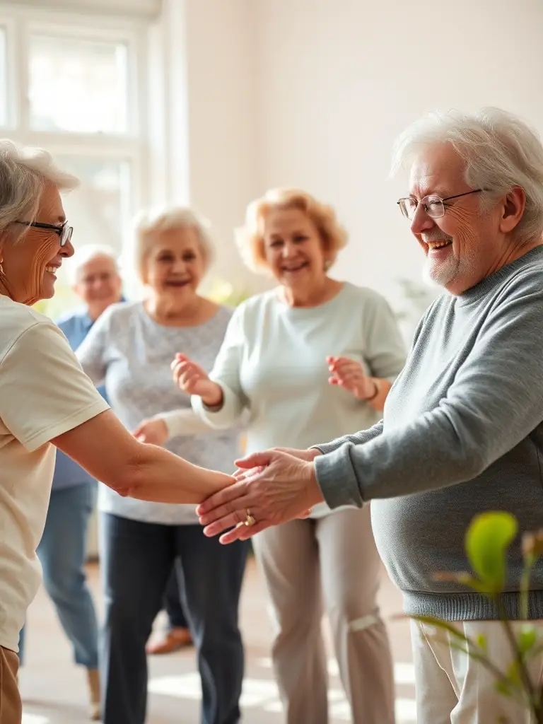 An image showing children and seniors engaging in light exercise activities in a community center setting.