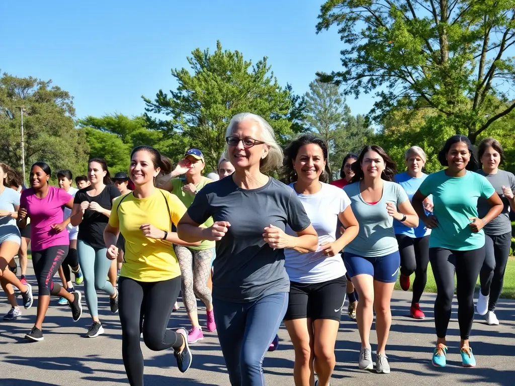 A group of diverse volunteers assisting with a community fitness event, setting up equipment and interacting with participants, showcasing FITNESS FORME's active involvement in local initiatives.