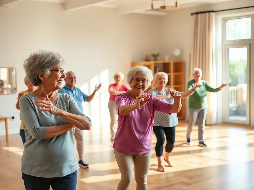 An instructor leading a fitness class specifically designed for seniors in a community center, demonstrating gentle exercises and providing personalized attention.