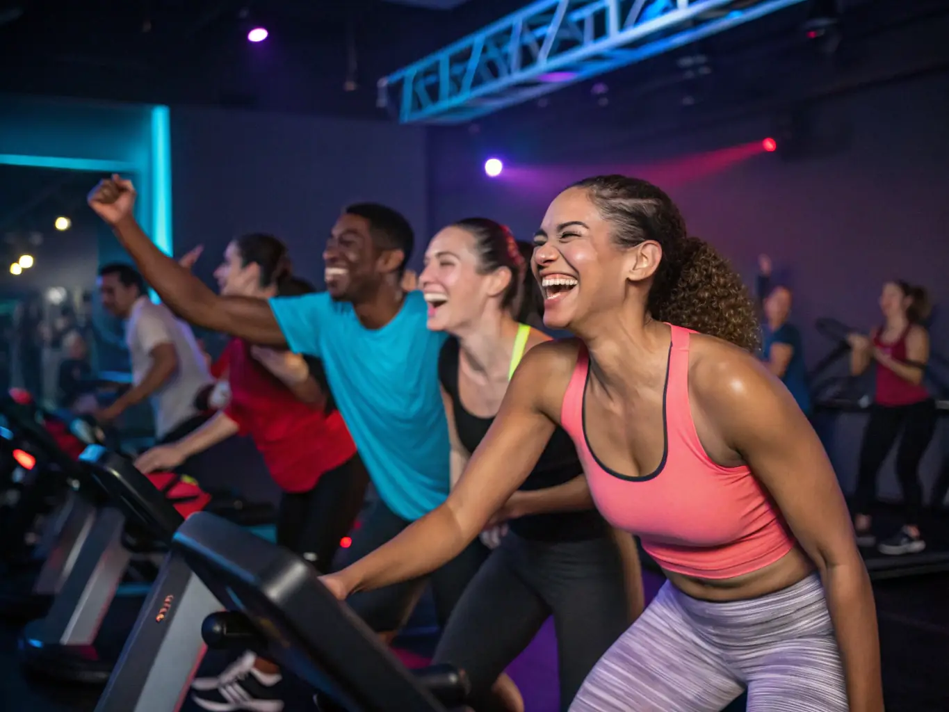 A dynamic shot of participants in a group fitness class, showcasing energy and camaraderie, set against a backdrop of modern fitness equipment.