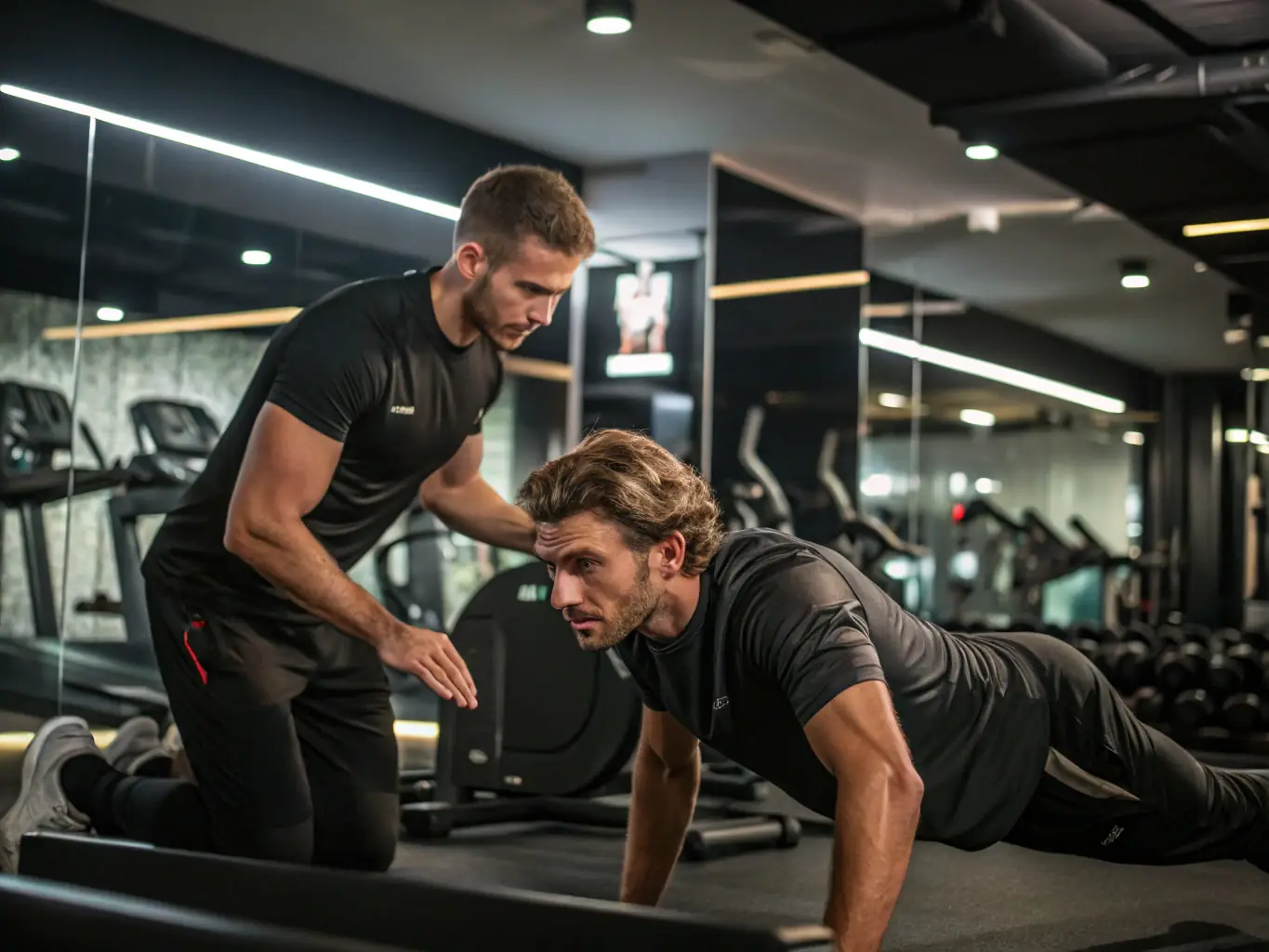A focused image of a personal trainer guiding a client through a workout, emphasizing individualized attention and customized fitness plans.