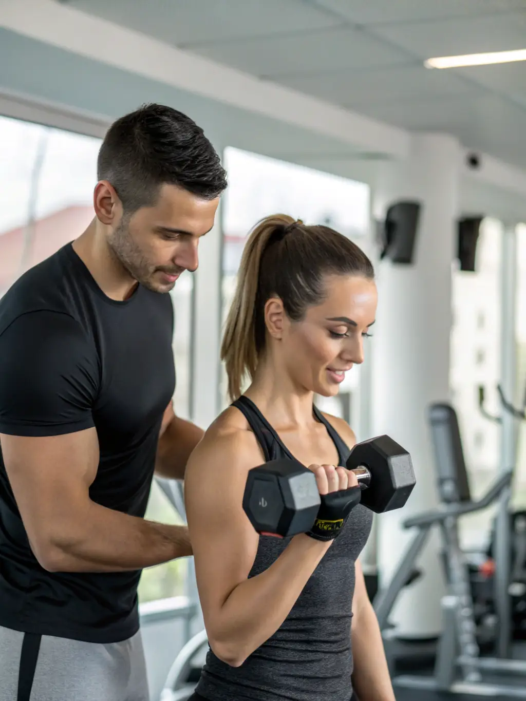 A professional trainer working closely with a client in a well-equipped gym, demonstrating exercises and providing guidance.