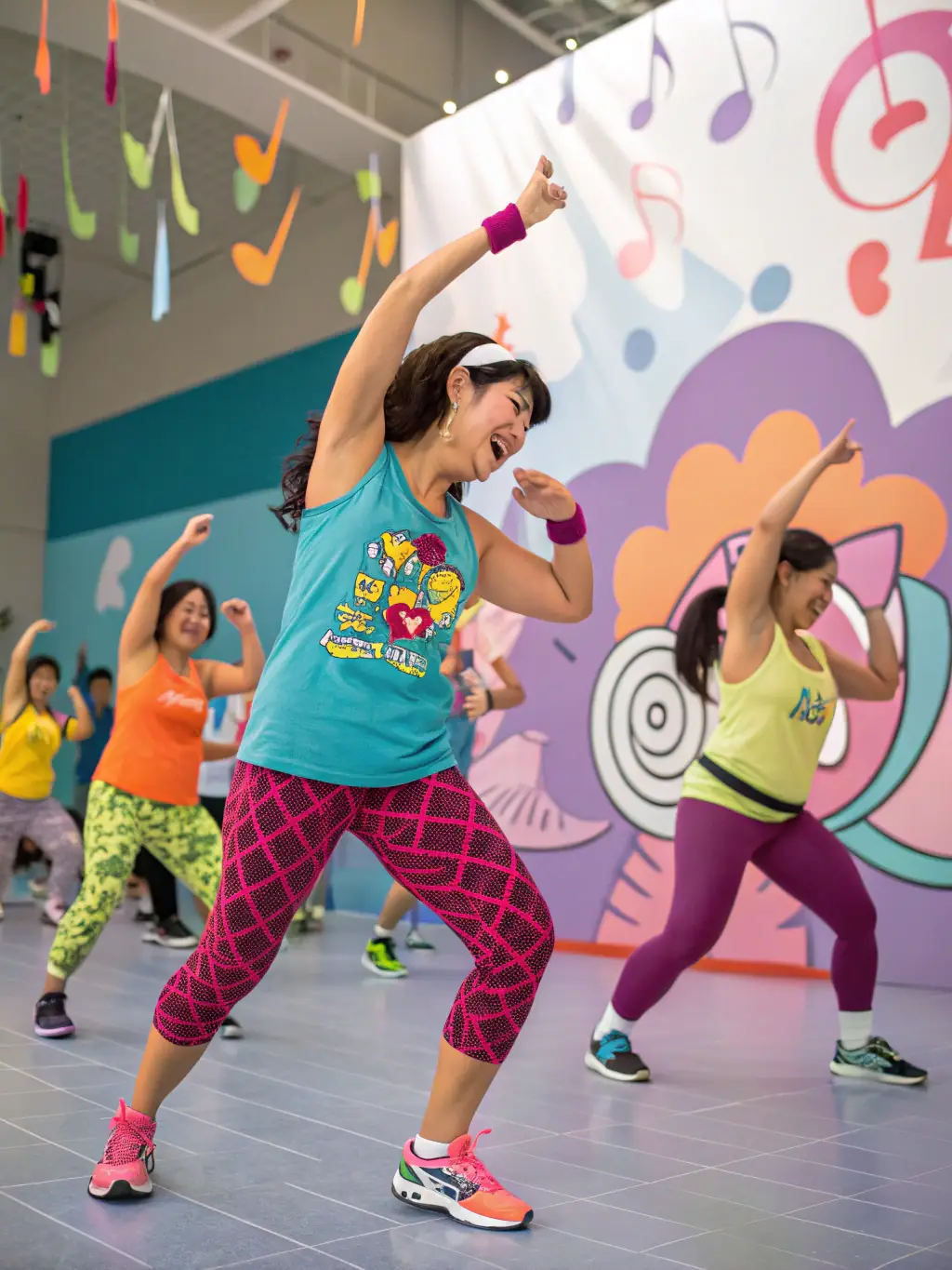 A vibrant image of a diverse group of people participating in a high-energy Zumba class at FITNESS FORME, showcasing the fun and inclusive atmosphere.