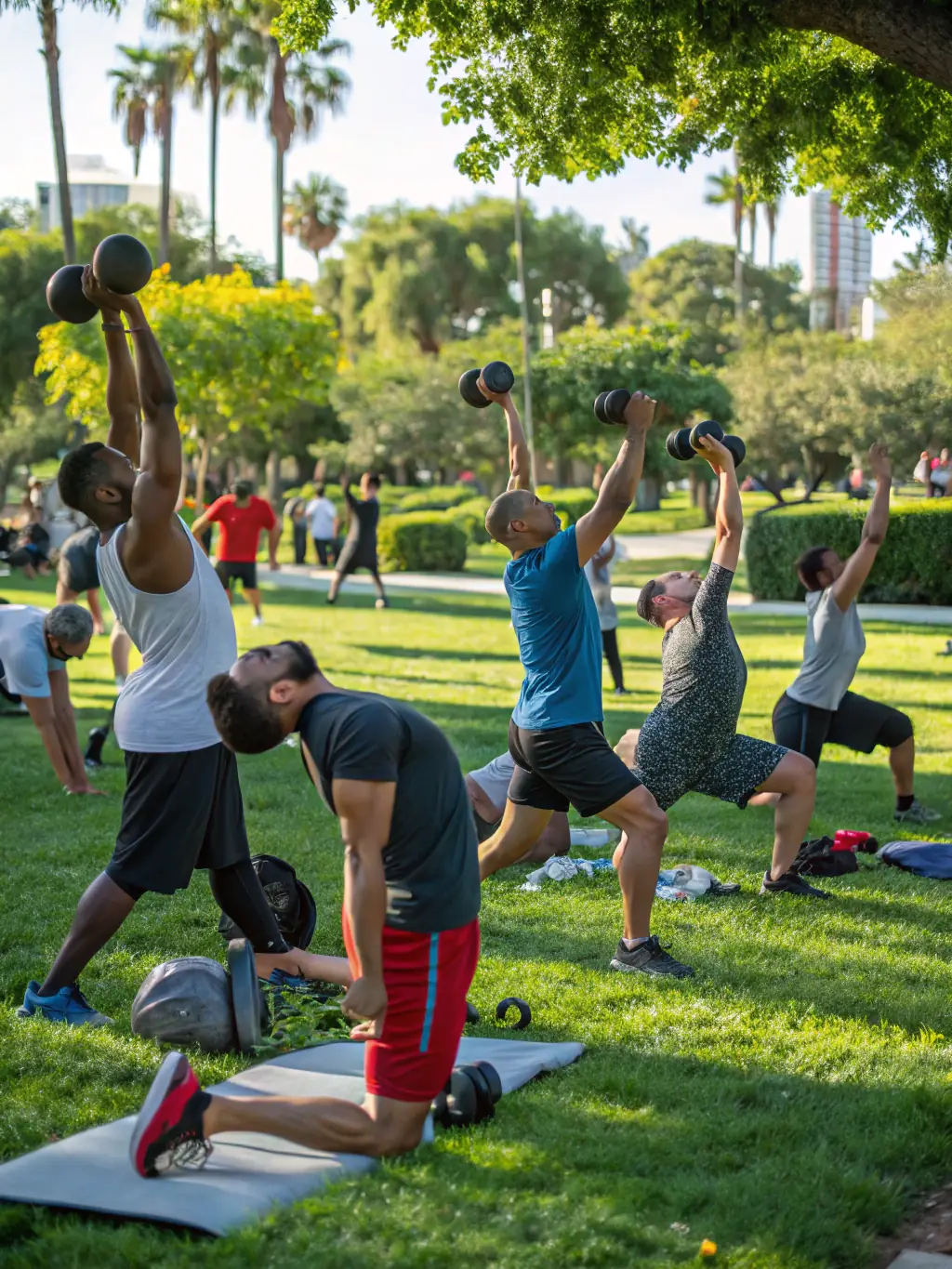 A vibrant image of diverse people participating in a lively group fitness class outdoors, smiling and engaging in exercise.