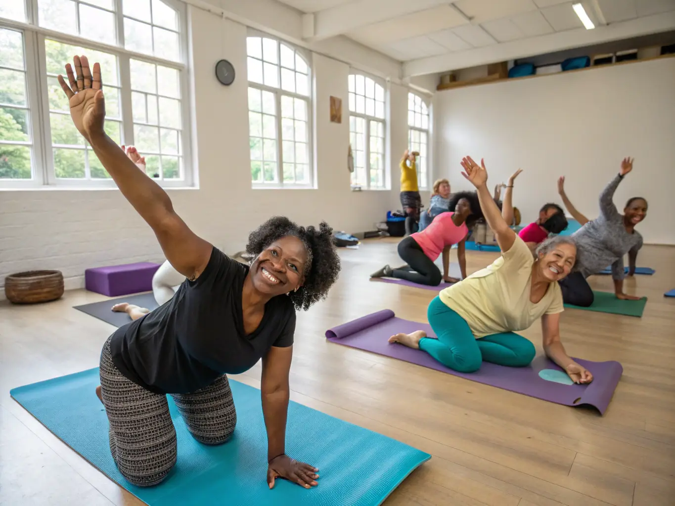 A group fitness class in session, with participants of varying ages and fitness levels engaged in a high-energy workout led by a certified instructor. The setting is a bright, spacious studio with motivational posters on the walls.