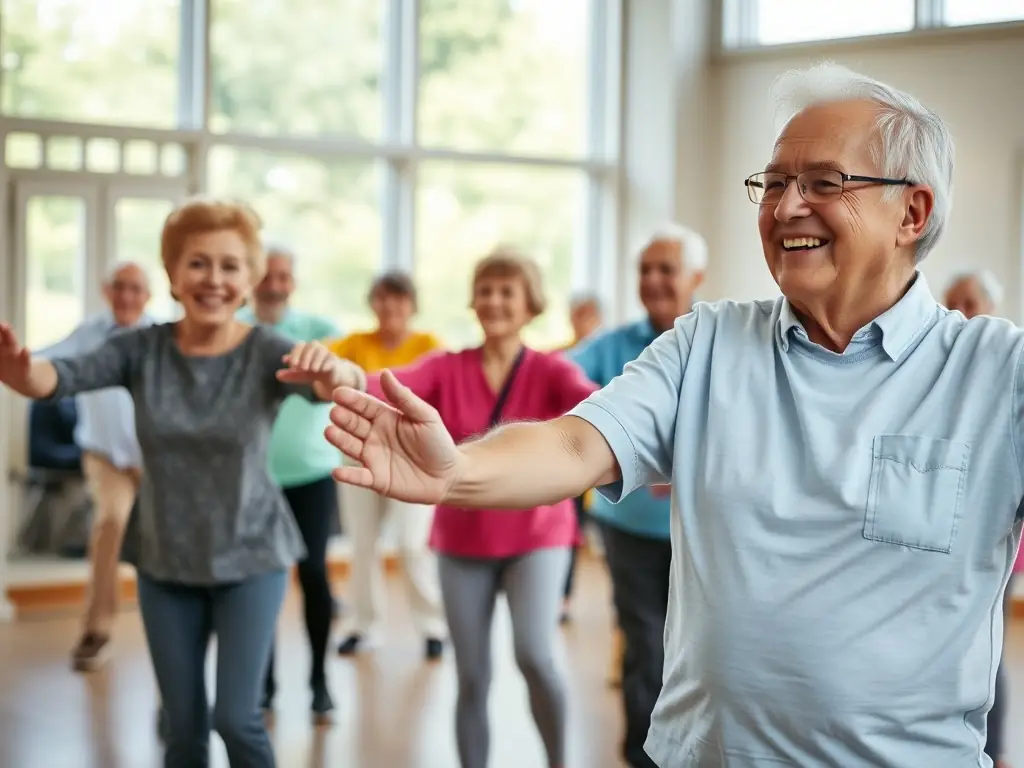 A diverse group of children and seniors participating in age-appropriate exercises in a community center. The atmosphere is lighthearted and supportive, emphasizing mobility and overall well-being.