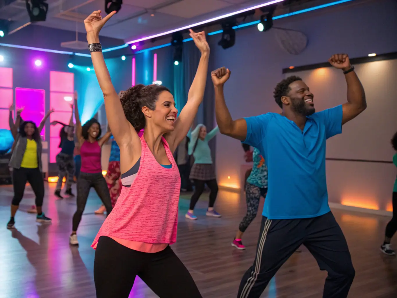 A group of diverse individuals participating in a high-energy Zumba class at FITNESS FORME, showcasing the fun and community aspect of group fitness.