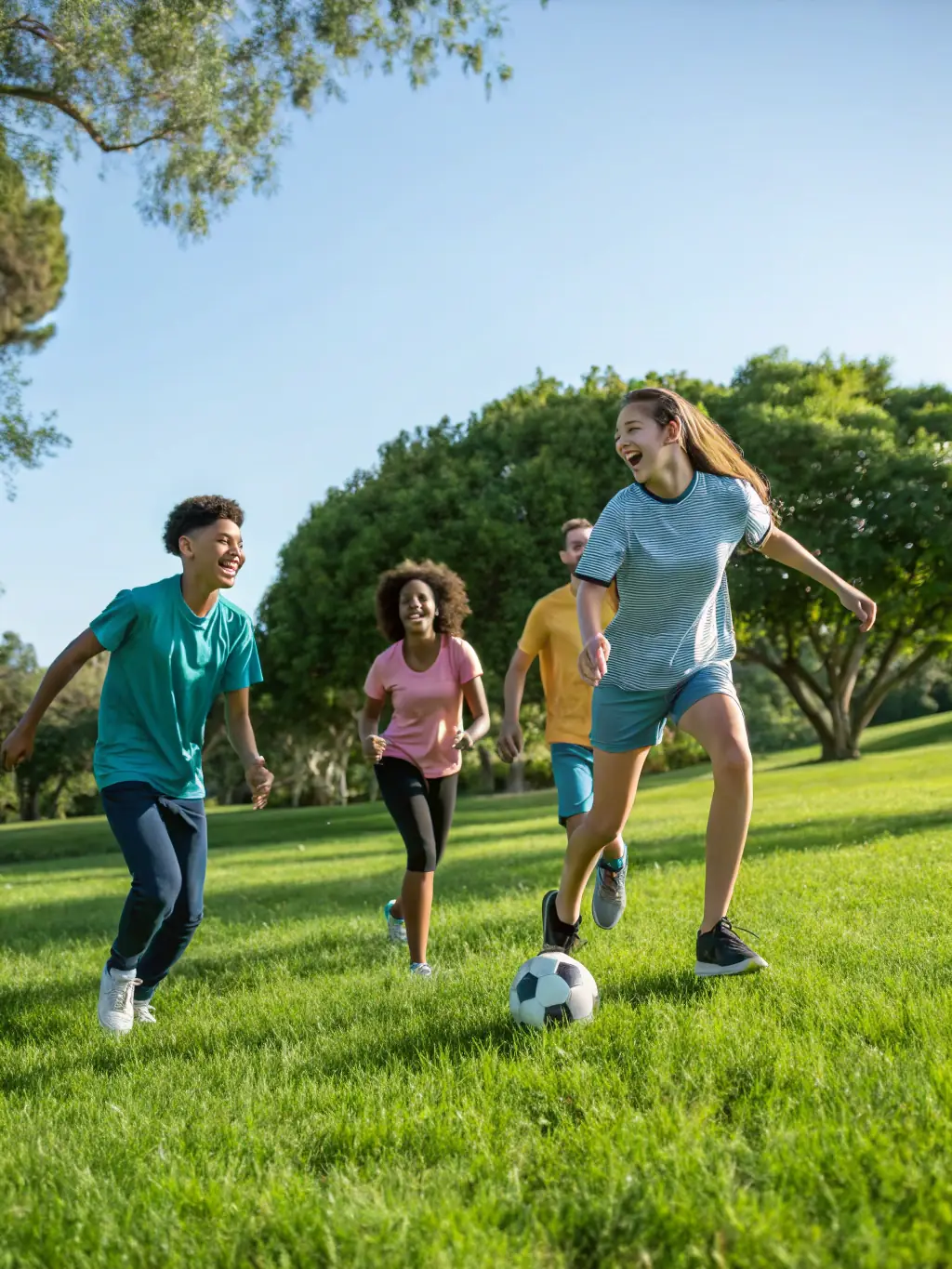 A group of teenagers engaged in a fun and active sports session at FITNESS FORME, promoting teamwork and healthy habits.